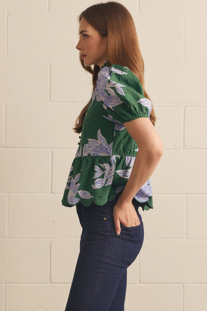 FLORAL EYELET SHORT PUFF SLEEVE TOP