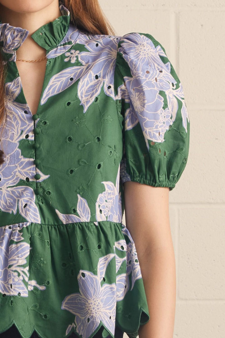 FLORAL EYELET SHORT PUFF SLEEVE TOP