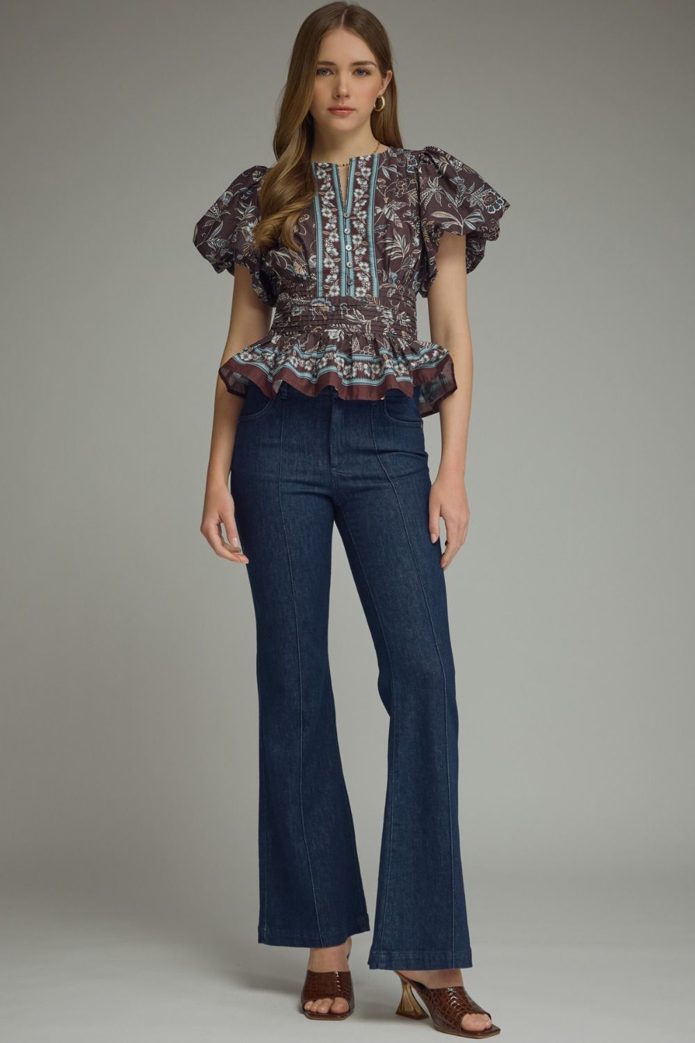 FLORAL PRINT RUFFLE SLEEVE TOP