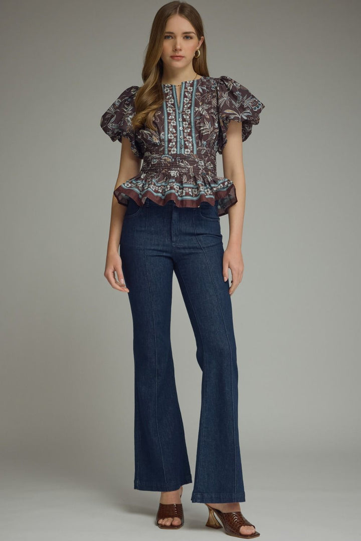 FLORAL PRINT RUFFLE SLEEVE TOP