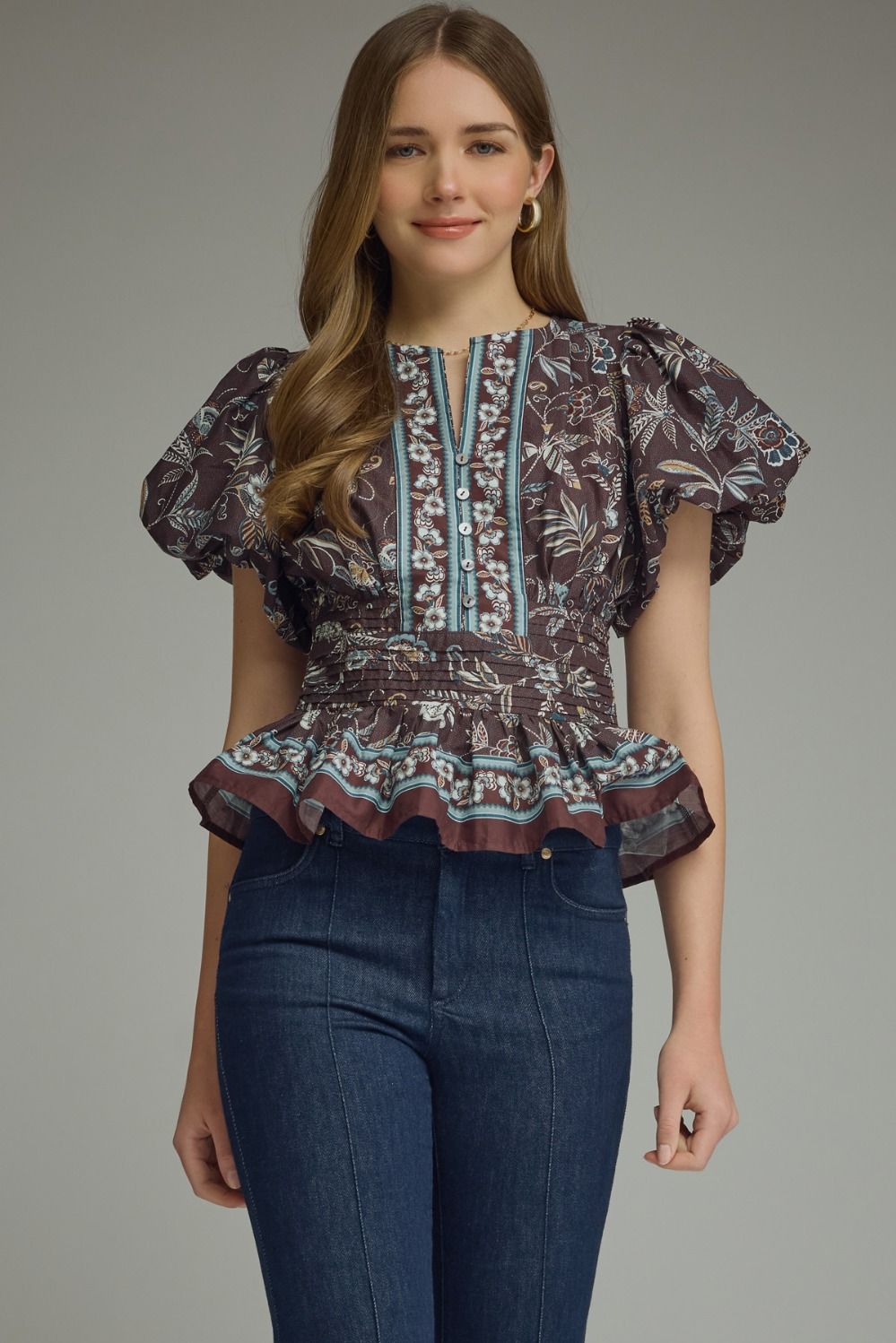 FLORAL PRINT RUFFLE SLEEVE TOP