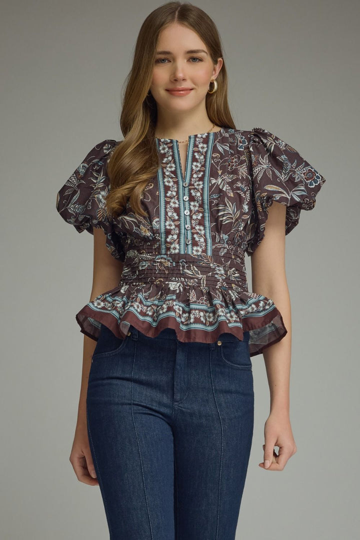 FLORAL PRINT RUFFLE SLEEVE TOP