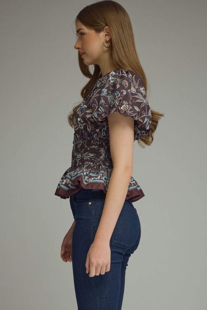 FLORAL PRINT RUFFLE SLEEVE TOP
