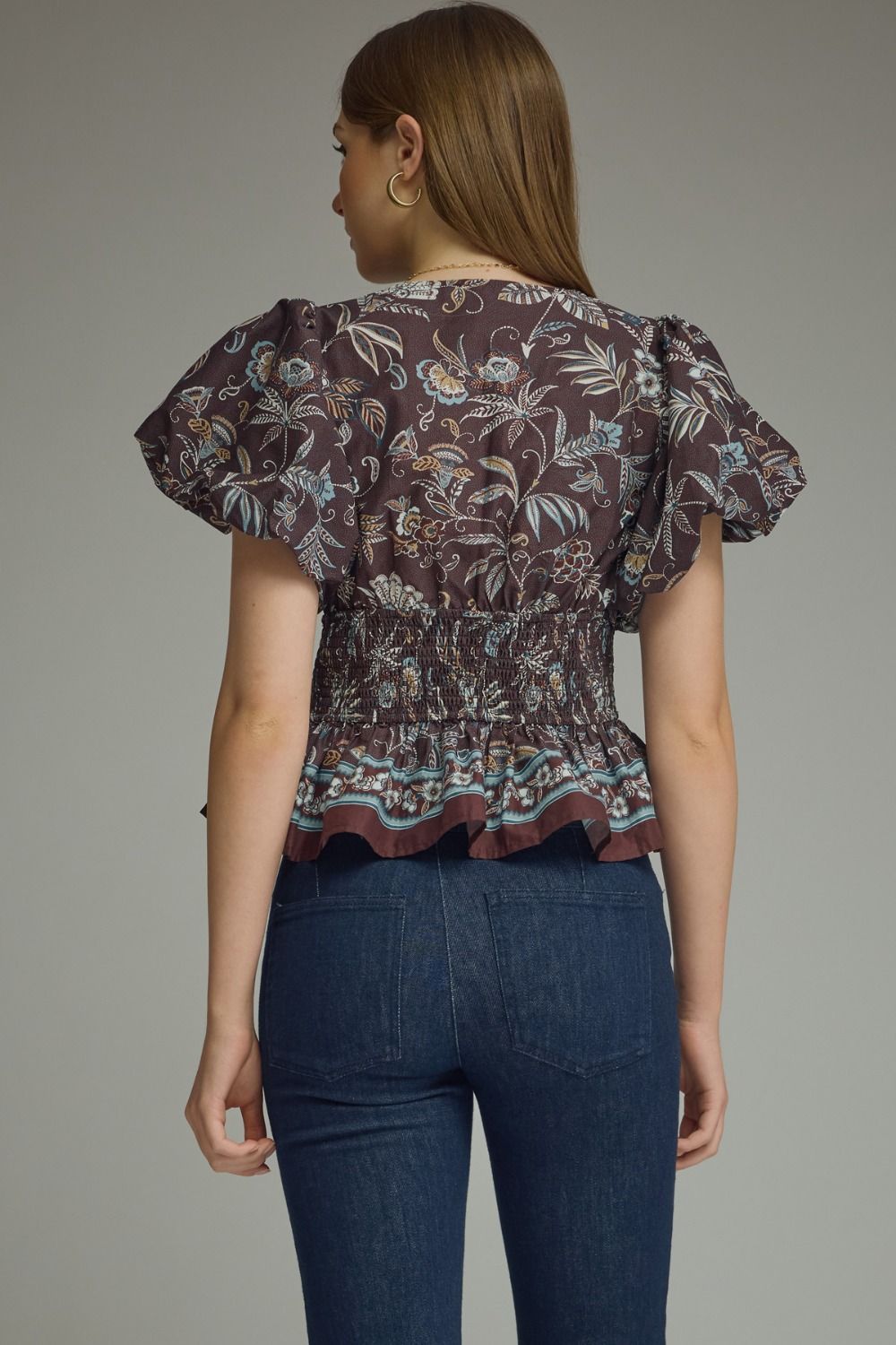 FLORAL PRINT RUFFLE SLEEVE TOP
