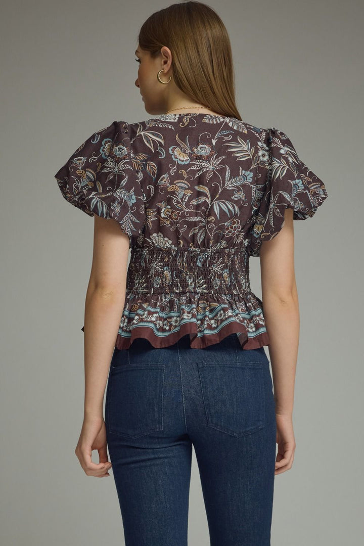 FLORAL PRINT RUFFLE SLEEVE TOP