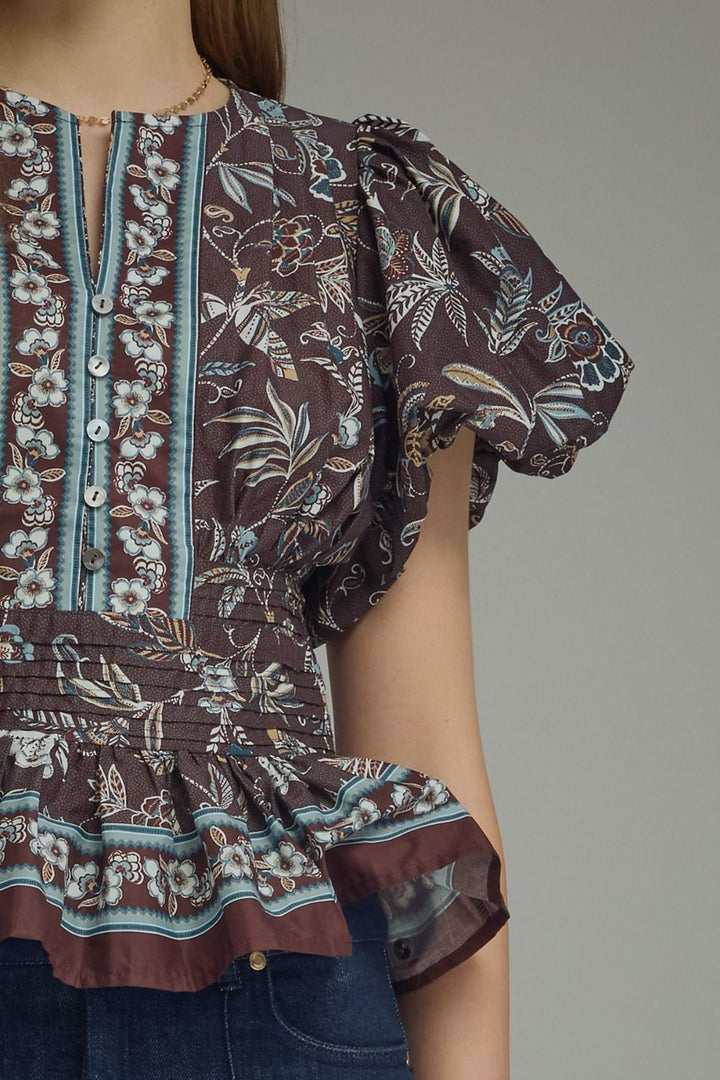 FLORAL PRINT RUFFLE SLEEVE TOP