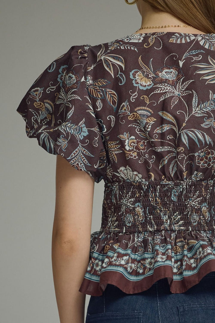 FLORAL PRINT RUFFLE SLEEVE TOP