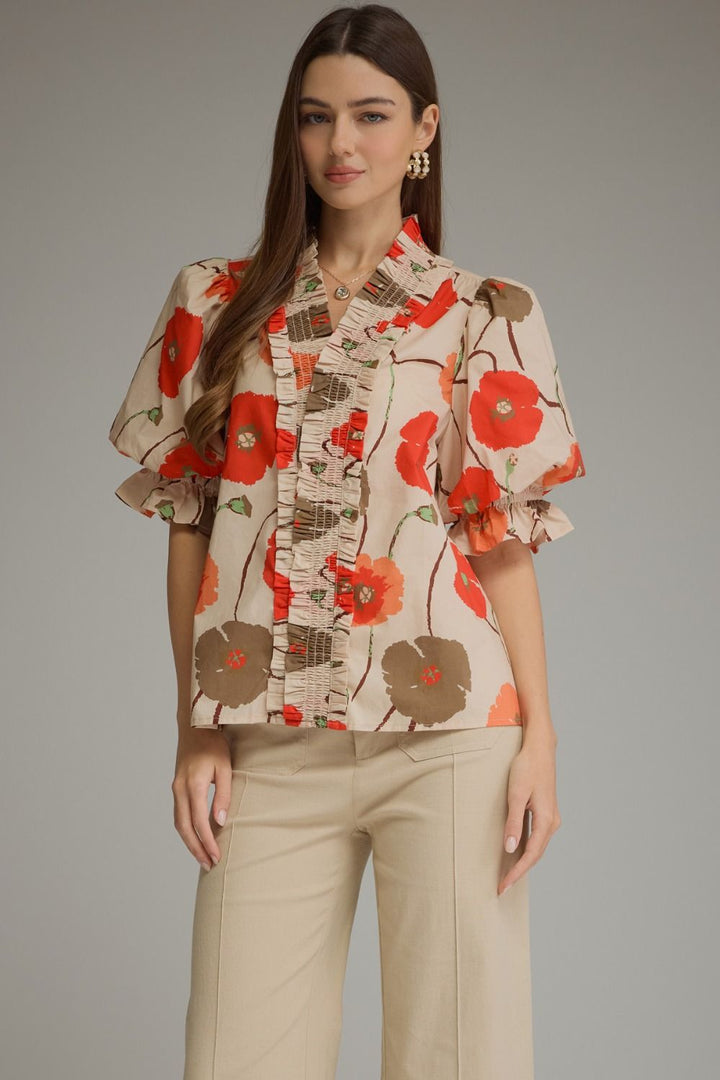 FLORAL SHORT PUFF SLEEVE TOP
