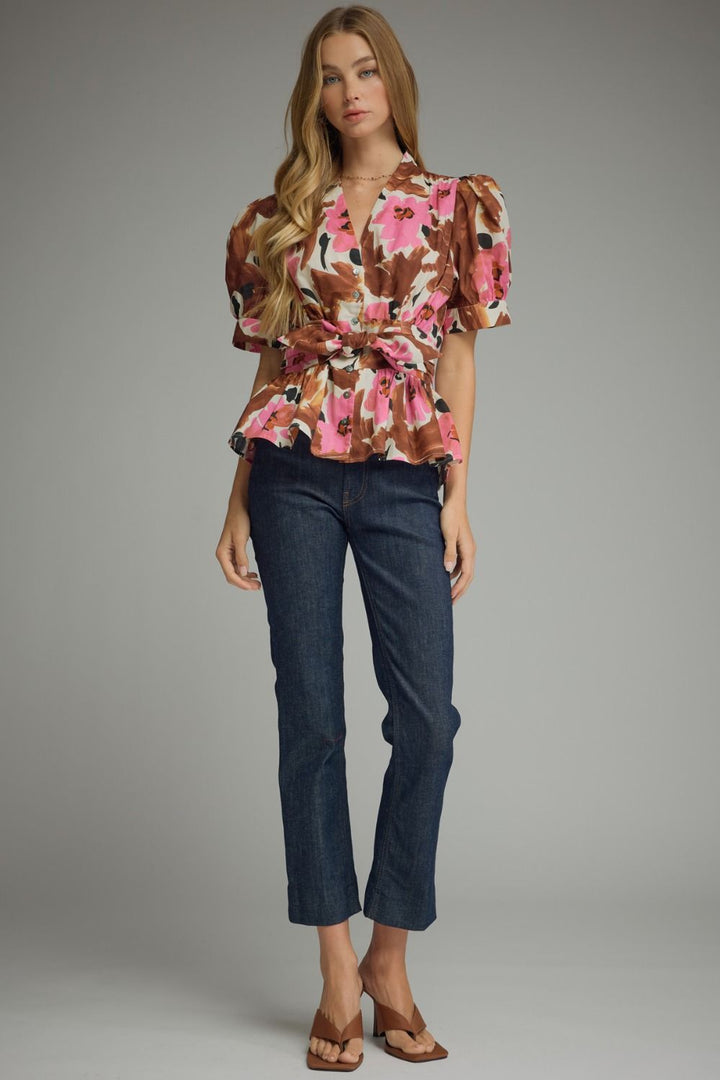 FLORAL PRINT SHORT PUFF SLEEVE TOP