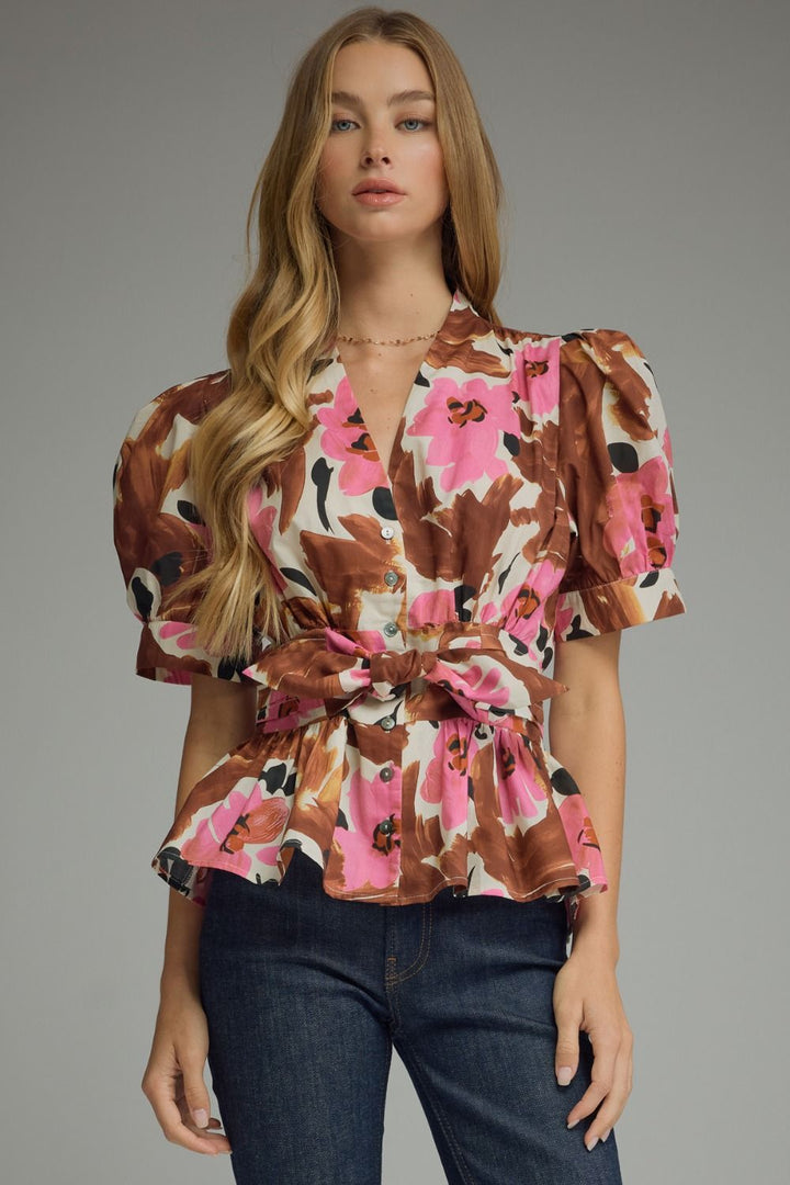 FLORAL PRINT SHORT PUFF SLEEVE TOP