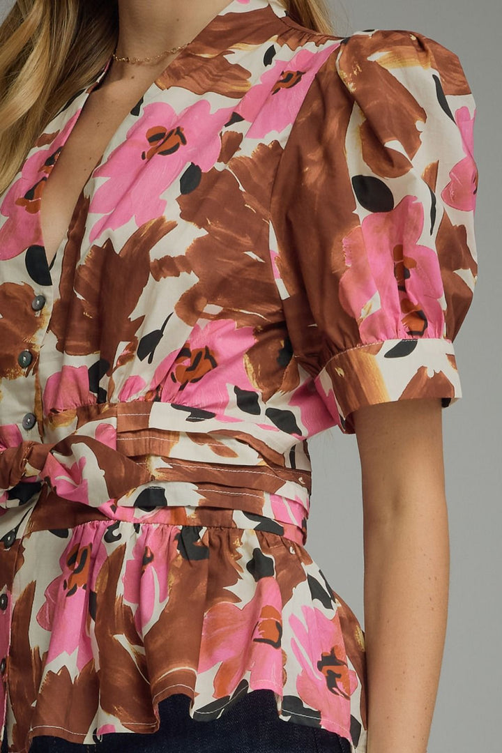 FLORAL PRINT SHORT PUFF SLEEVE TOP