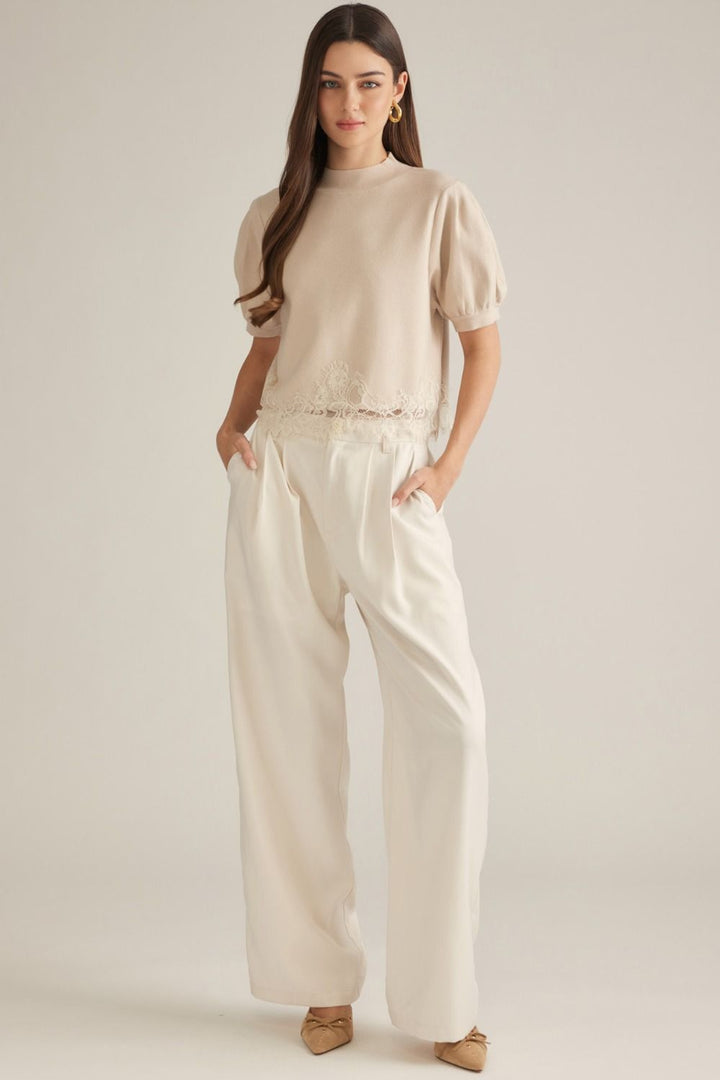 SOLID SHORT PUFF SLEEVE SWEATER TOP
