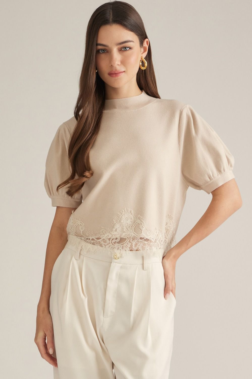 SOLID SHORT PUFF SLEEVE SWEATER TOP