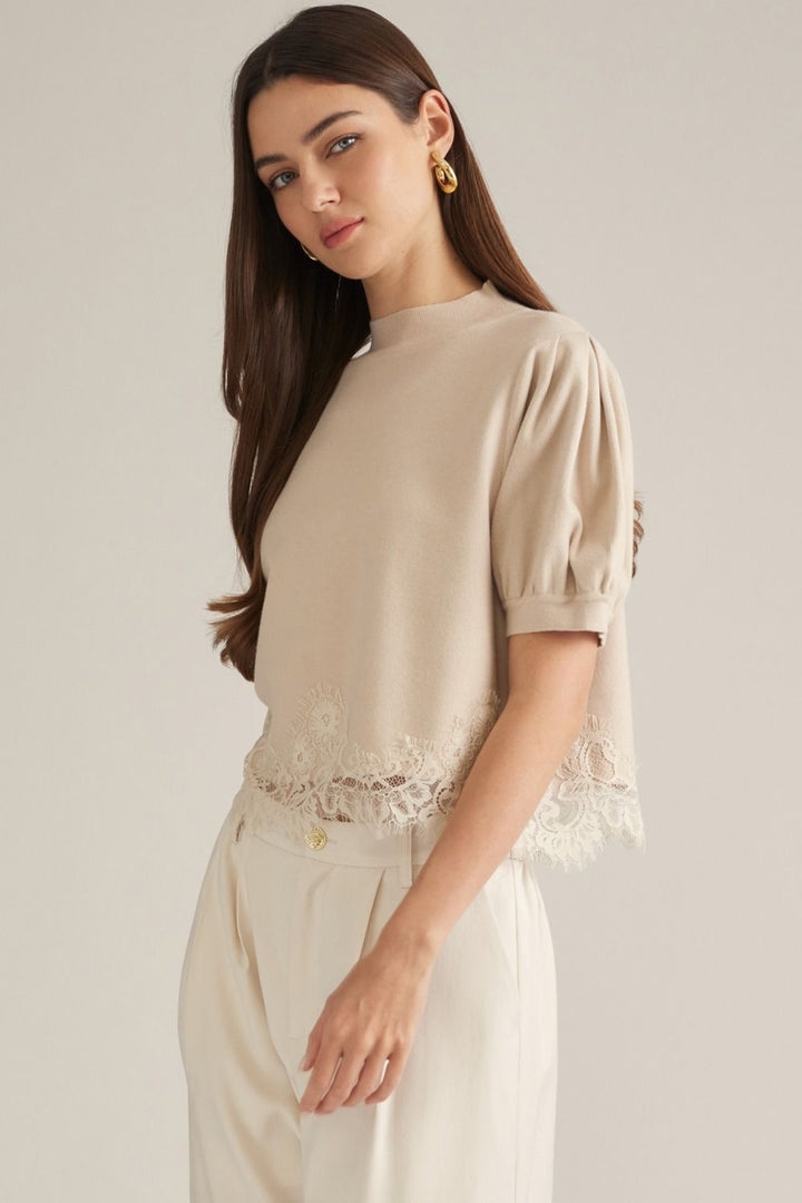 SOLID SHORT PUFF SLEEVE SWEATER TOP