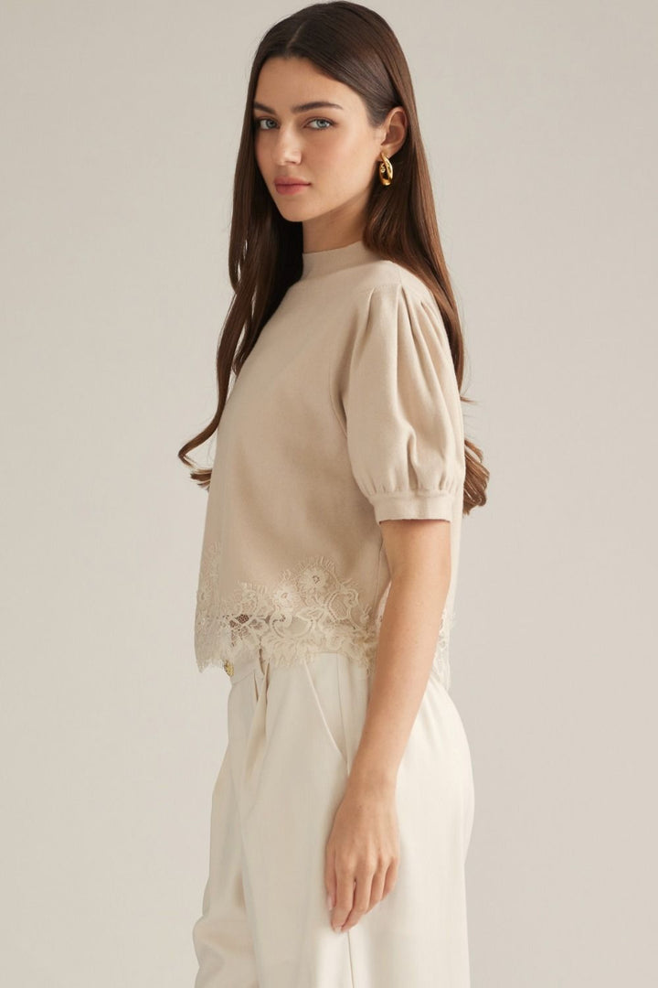 SOLID SHORT PUFF SLEEVE SWEATER TOP