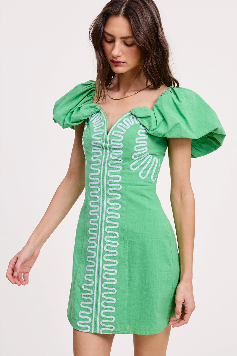 EMBROIDERY DETAIL OFF SHOULDER LINEN MINI DRESS