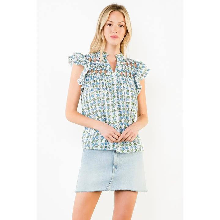 FLUTTER SLEEVE FLORAL PATTERN V-NECK TOP