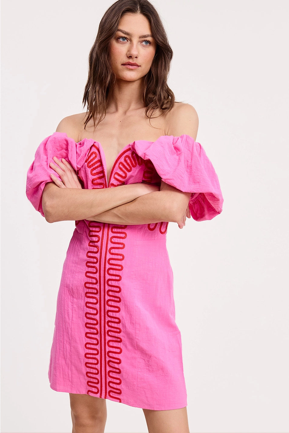 EMBROIDERY DETAIL OFF SHOULDER LINEN MINI DRESS