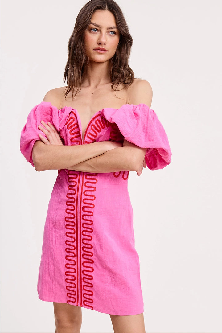 EMBROIDERY DETAIL OFF SHOULDER LINEN MINI DRESS