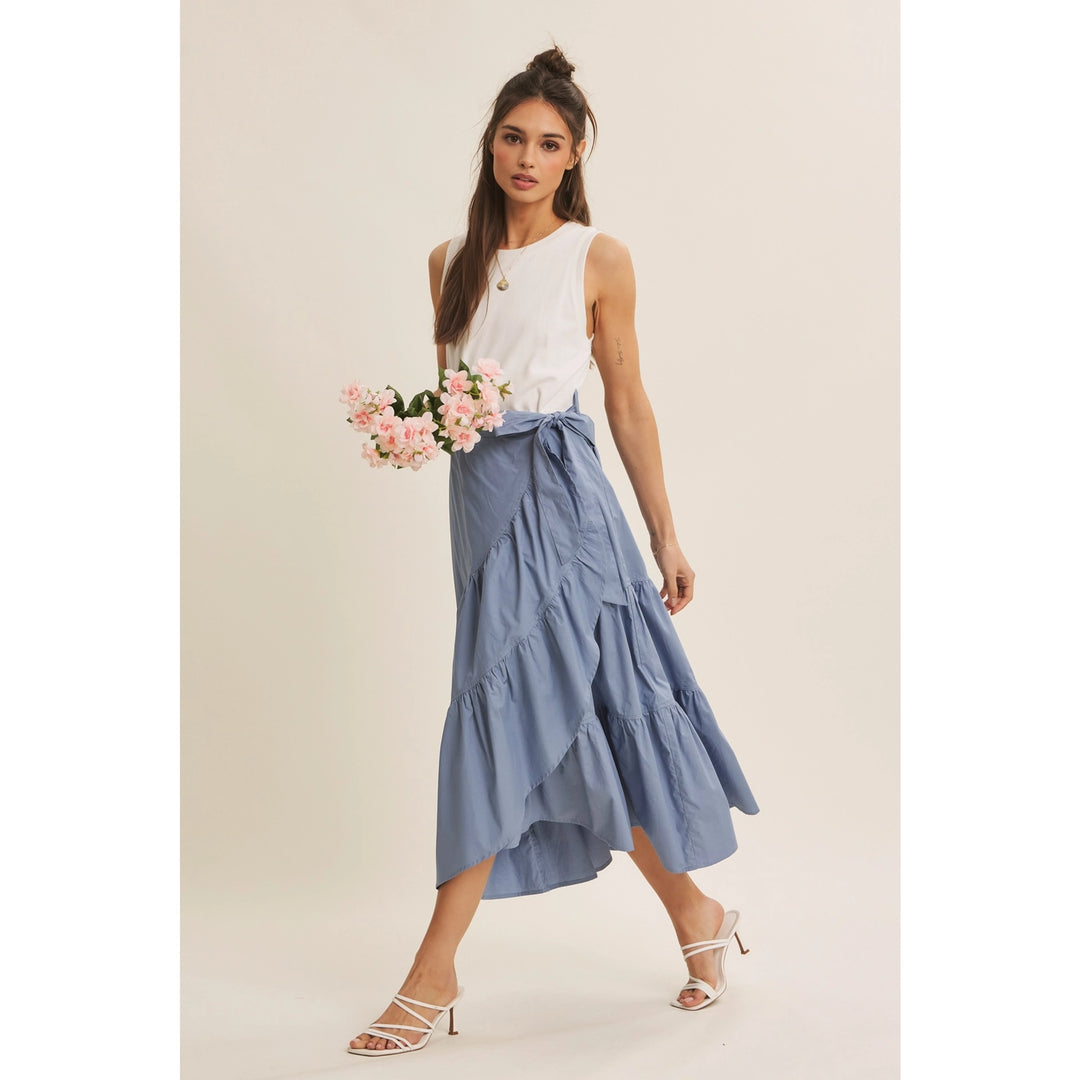 COASTAL BLUE TIERED WRAP TWOFER MIDI DRESS