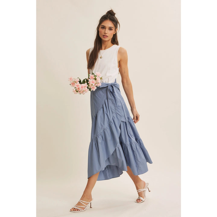 COASTAL BLUE TIERED WRAP TWOFER MIDI DRESS