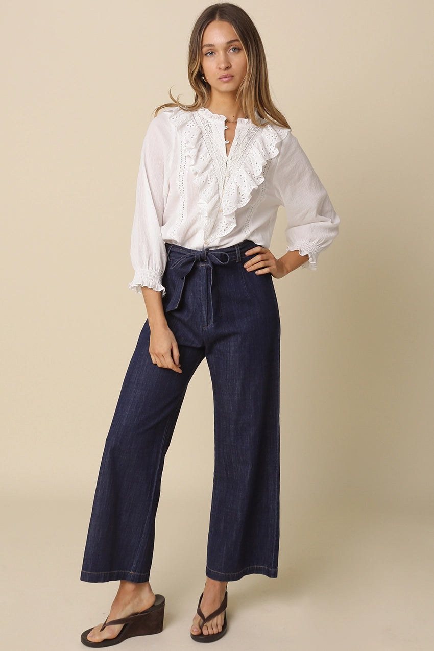 SELENA DENIM TIE-WAIST PANTS