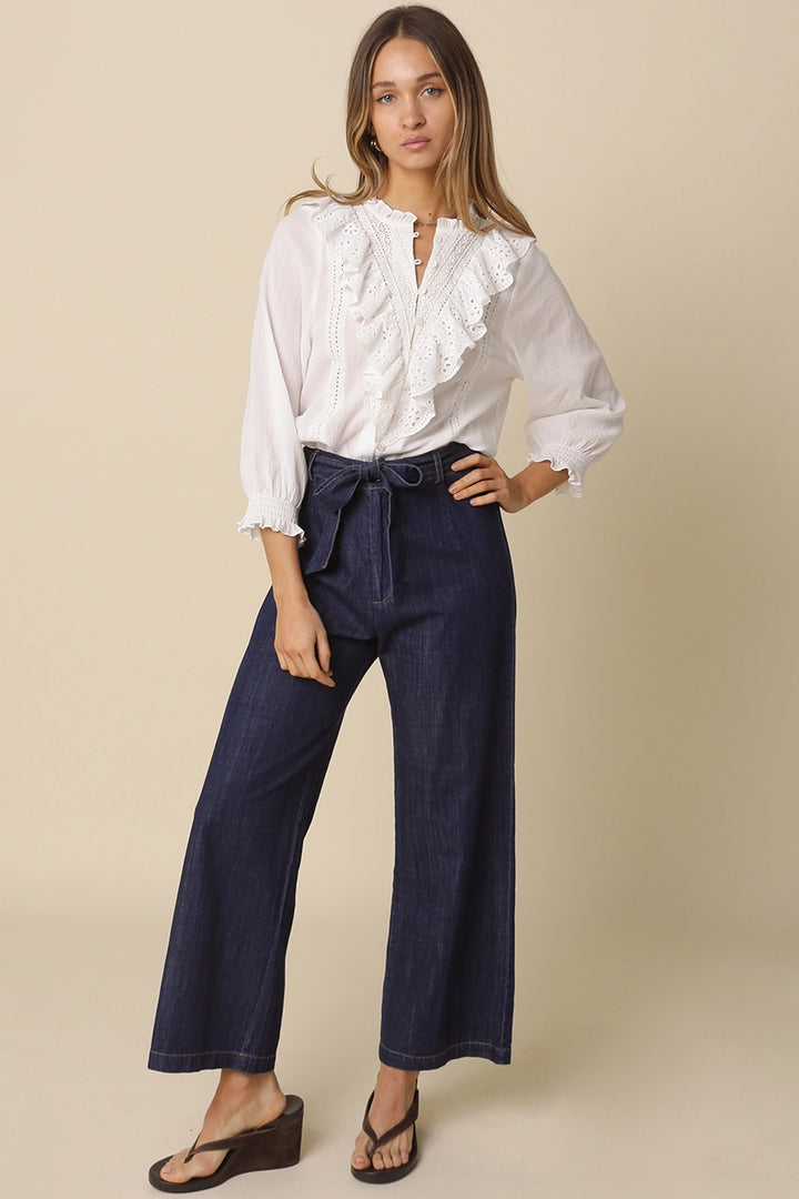 SELENA DENIM TIE-WAIST PANTS