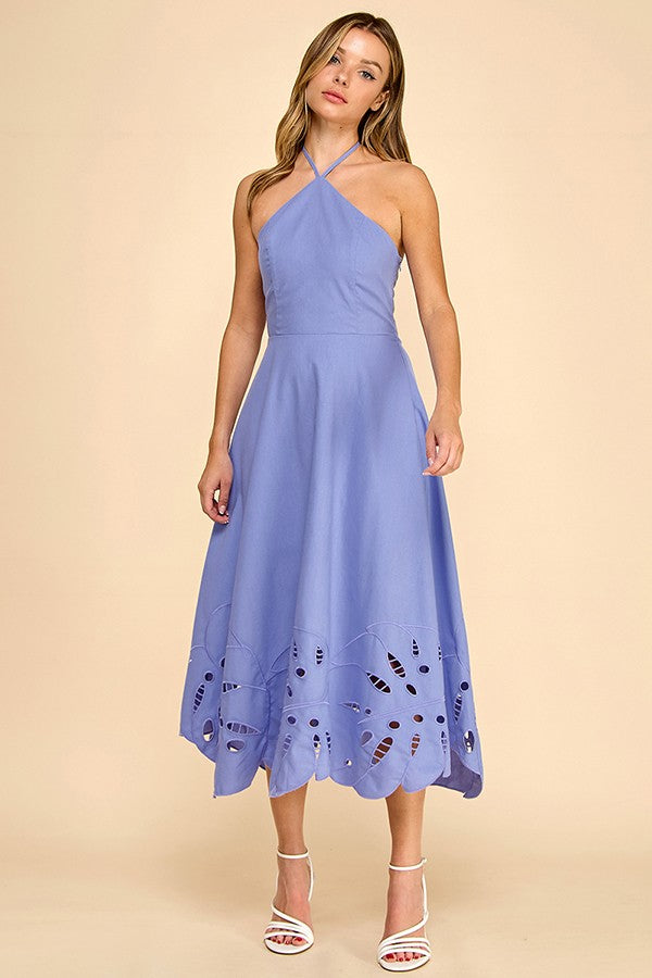 HALTER NECKLINE MIDI DRESS WITH EMBROIDERED DETAIL