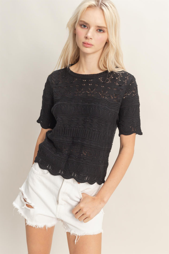 TEXTURED POINTELLE KNIT SHORT SLEEVE TOP