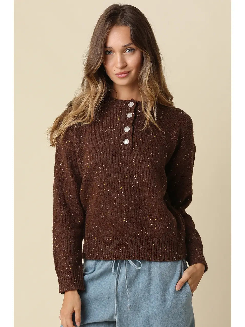 AMARA SPECKLED HENLEY SWEATER