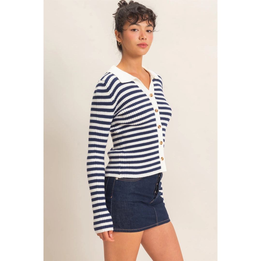RIBBED STRIPED POLO KNIT TOP