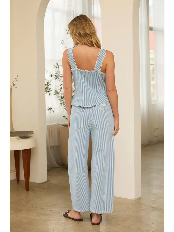 STRIPED LACE-TRIM BUTTON FRONT TOP