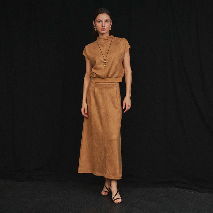 MOCK NECK STRETCH SUEDE TOP &amp; SKIRT SET