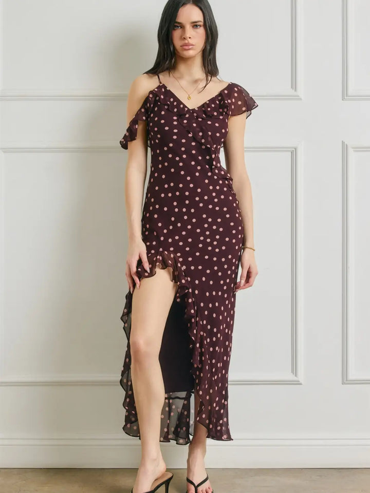 SOFT SPRINKLE ASYMMETRICAL RUFFLED MAXI DRESS