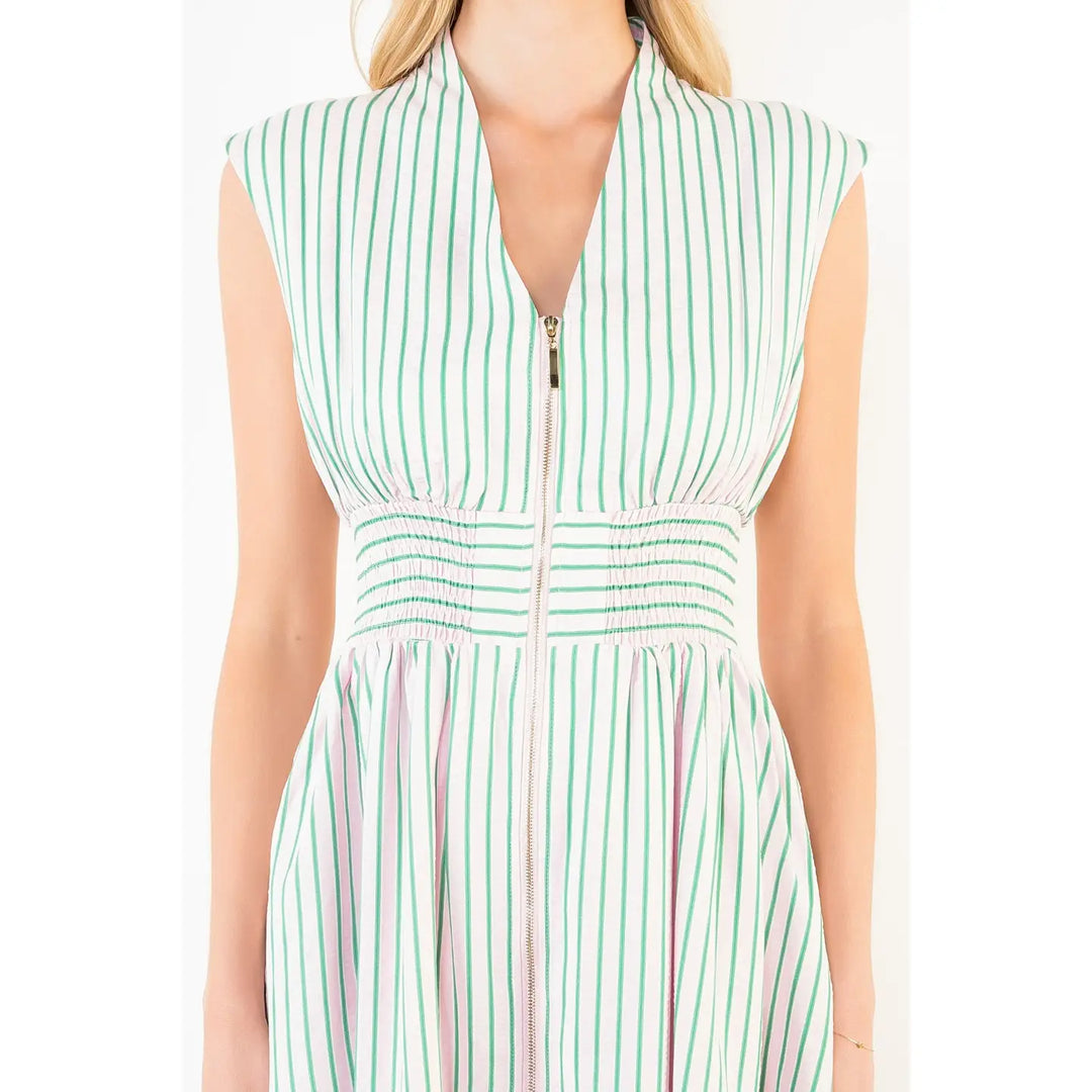SLEEVELESS ZIP FRONT STRIPE DRESS