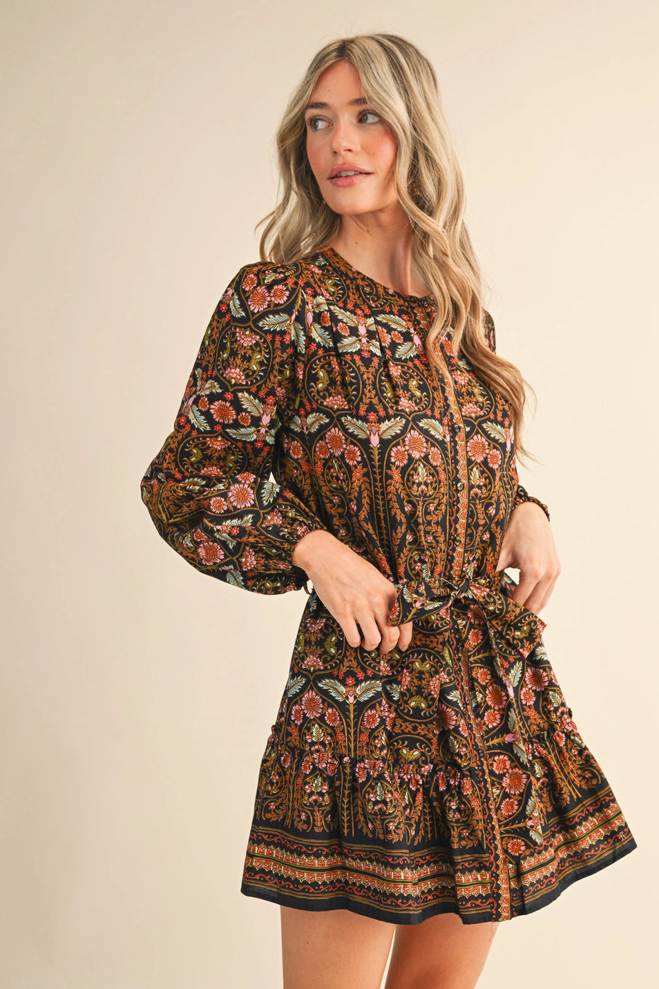 EXCLUSIVE FLORAL PRINT BELTED MINI DRESS