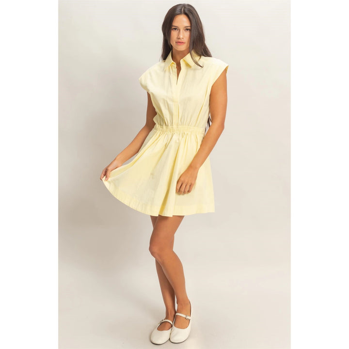 SLEEVELESS COLLARED SHIRRED MINI DRESS