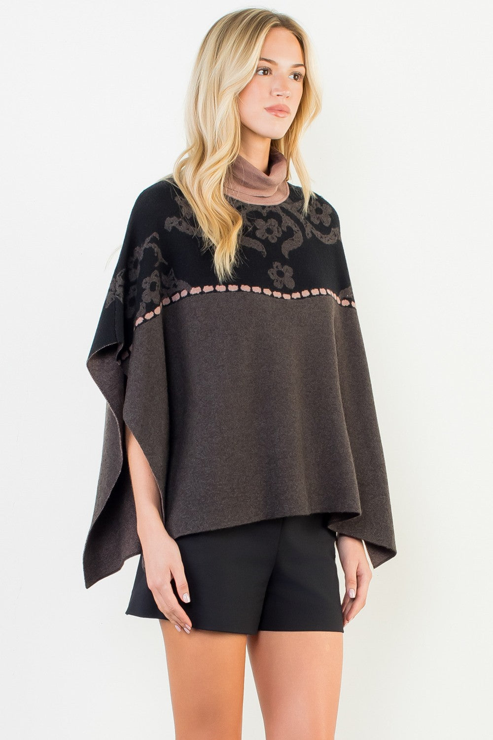 JACQUARD FLORAL KNIT PONCHO