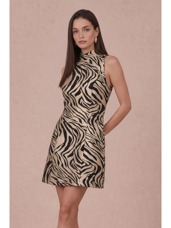 MOCK NECK TIGER METALLIC JACQUARD MINI DRESS