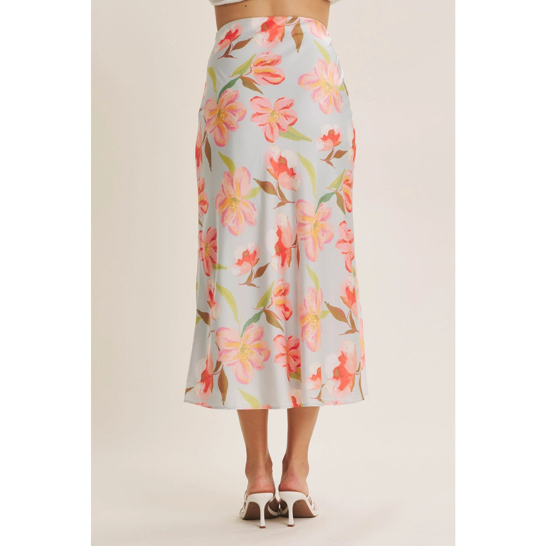 FLATTERING MOVEMENT FLORAL SATIN BIAS MIDI SKIRT