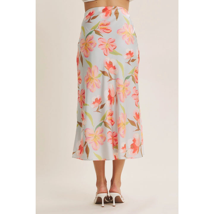FLATTERING MOVEMENT FLORAL SATIN BIAS MIDI SKIRT