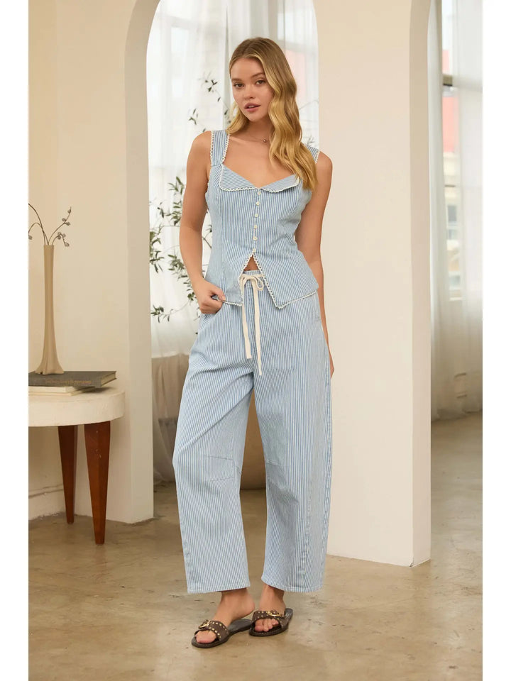 STRIPED LACE-TRIM BUTTON FRONT TOP