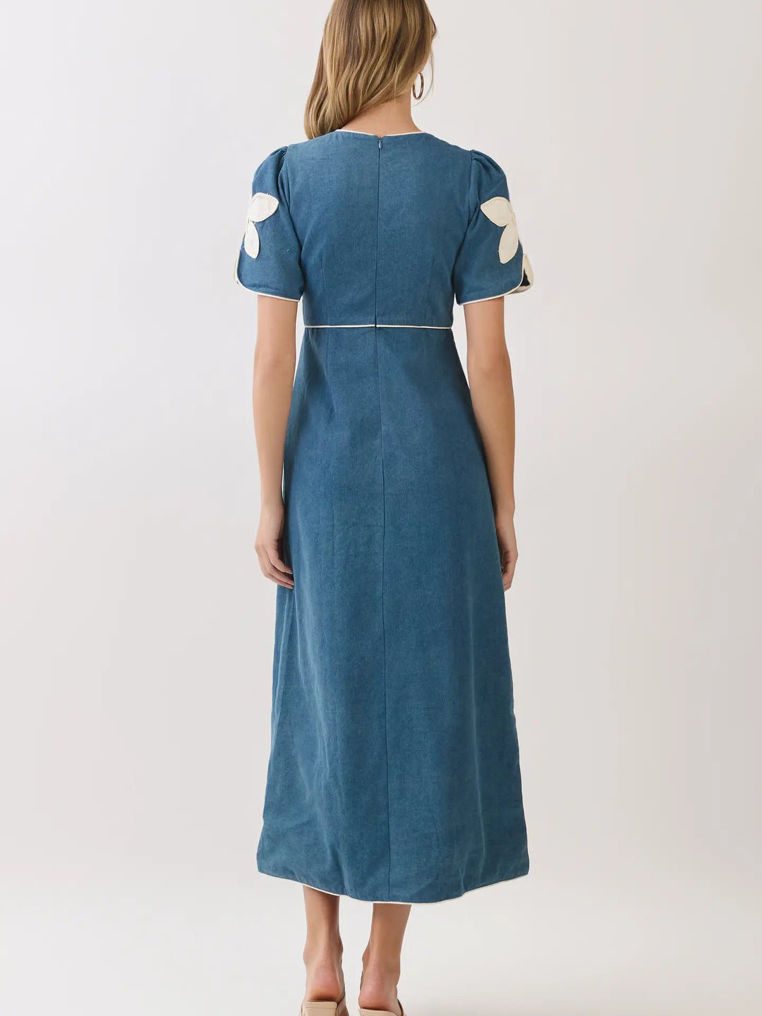 FLORAL APPLIQUE CONTRAST TRIM MIDI DRESS