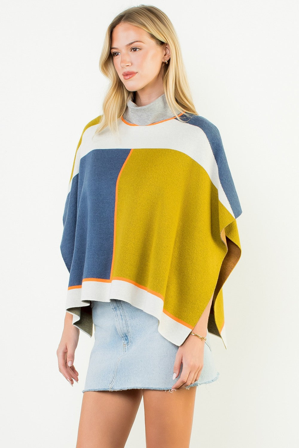 COLORBLOCK MOCK NECK KNIT PONCHO