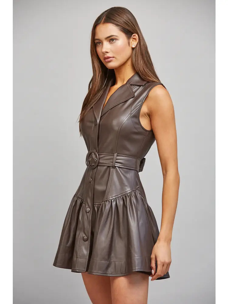 FAUX LEATHER BELTED DROP WAIST DRESS