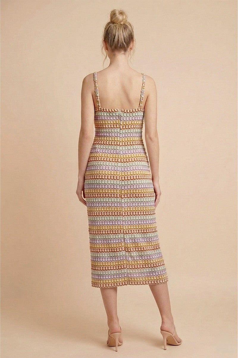 FRONT TWIST MULTI COLOR CROCHET MIDI DRESS