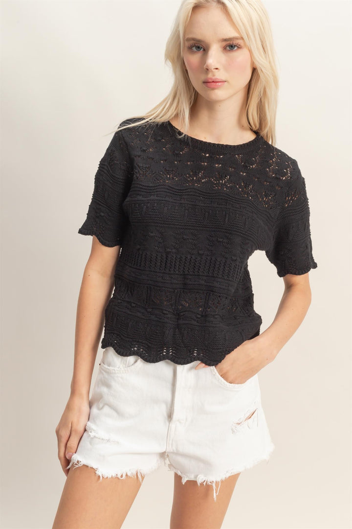 TEXTURED POINTELLE KNIT SHORT SLEEVE TOP