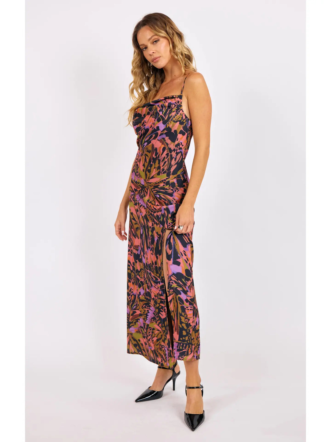 BUTTERFLY KISS HIGH SLIT BIAS MAXI SLIP DRESS