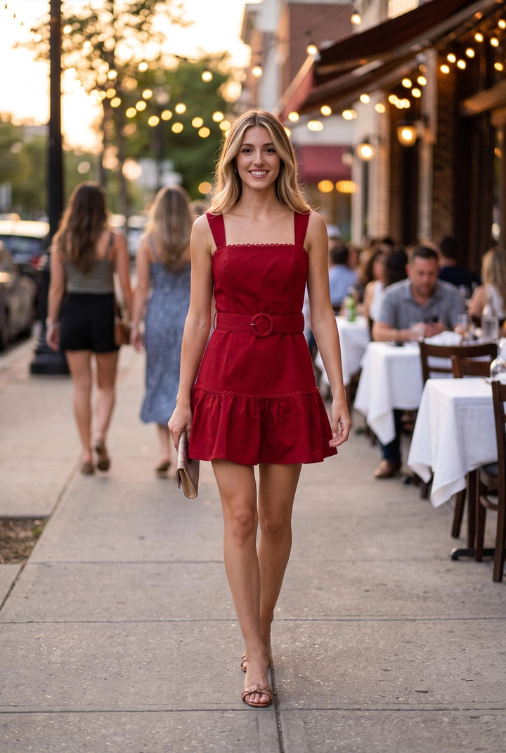 SCALLOP TRIM BELTED FIT &amp; FLARE ROMPER