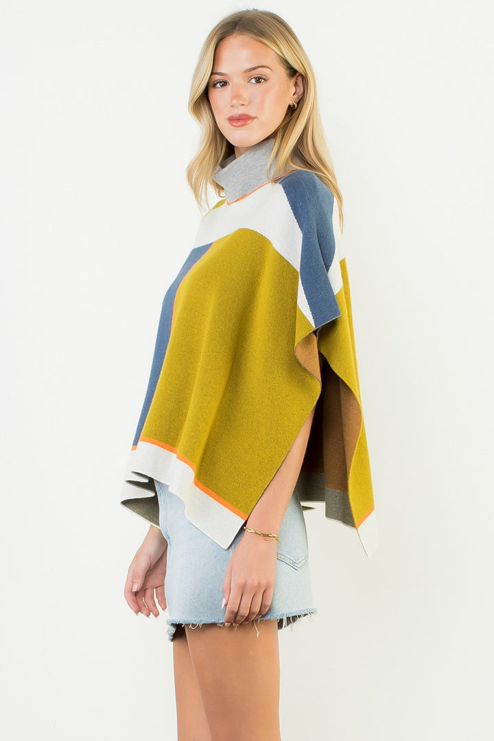 COLORBLOCK MOCK NECK KNIT PONCHO